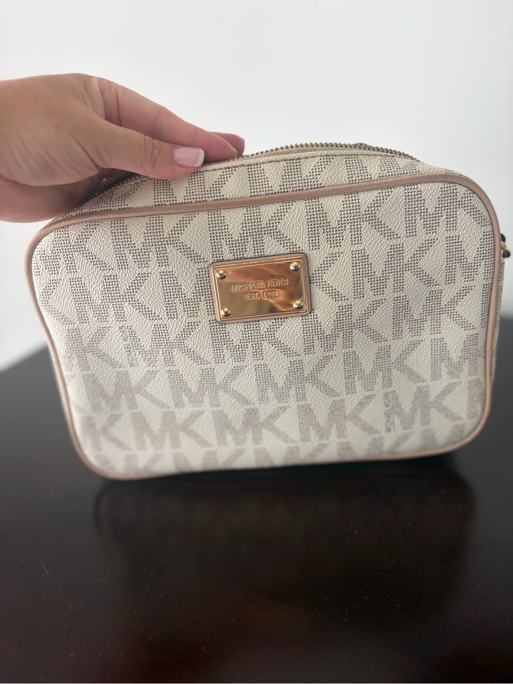 Michael Kors Cream Logo Cosmetic Case with Gold Plate
